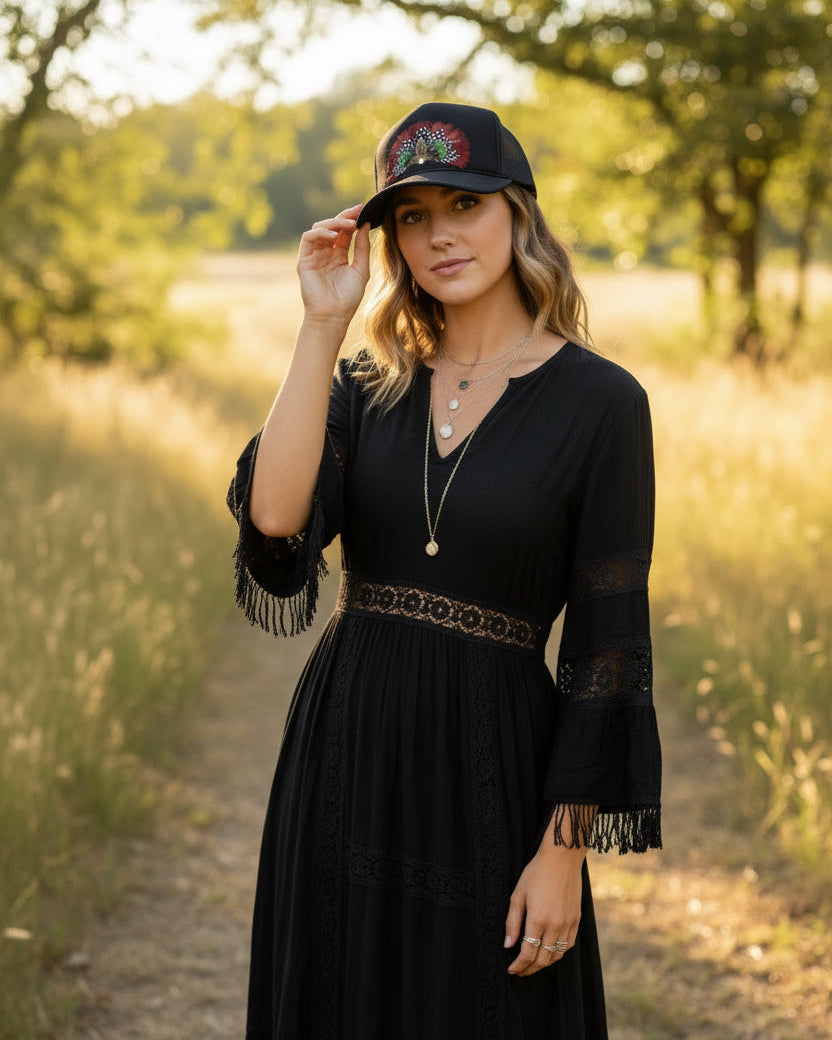 Midnight Marsala Feather Trucker Hat