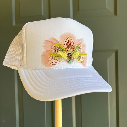 White Primrose Feather Trucker Hat