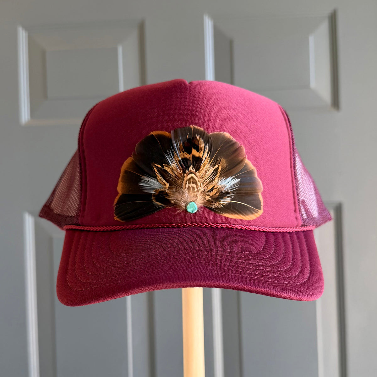 Burgundy Derby Feather Trucker Hat