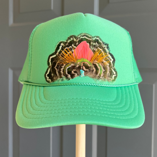 Boho feather trucker hats, handcrafted wearable art for summer fashion by Volant Style