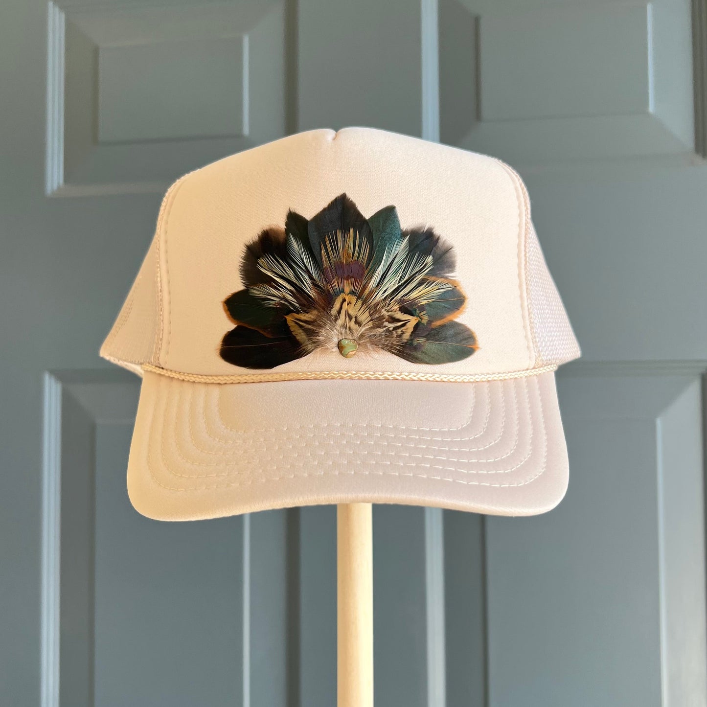 Sabine Beige Feather Trucker Hat