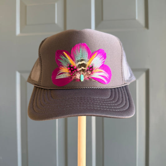 Charcoal Flirty Bird Feather Trucker Hat