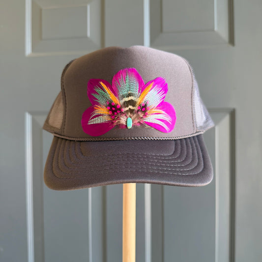 Charcoal Flirty Bird Feather Trucker Hat