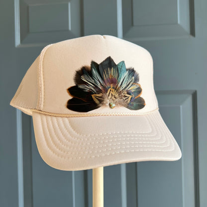 Sabine Beige Feather Trucker Hat