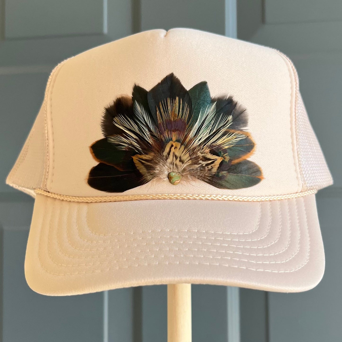 Sabine Beige Feather Trucker Hat