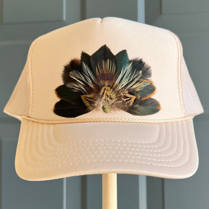 Sabine Beige Feather Trucker Hat