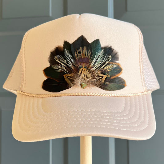 Sabine Beige Feather Trucker Hat
