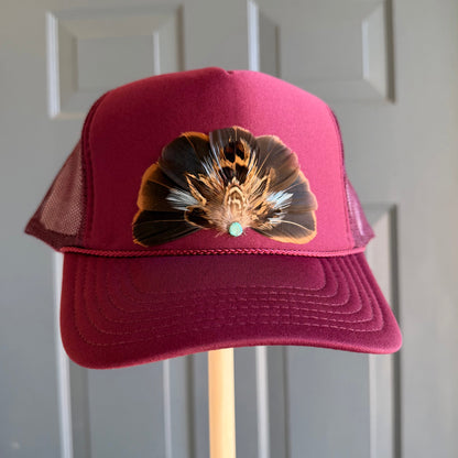 Burgundy Derby Feather Trucker Hat