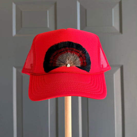Red Bullseye Feather Trucker Hat