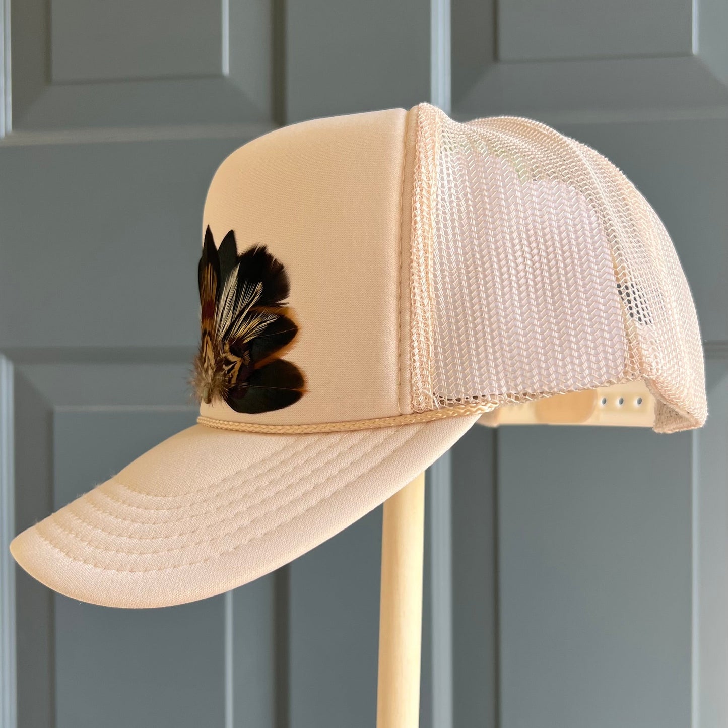 Sabine Beige Feather Trucker Hat