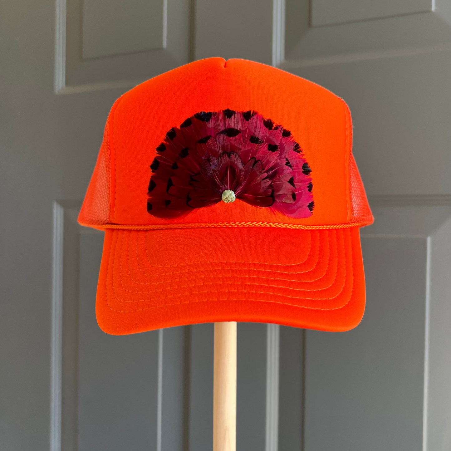 Boho feather trucker hats, handcrafted wearable art for summer fashion by Volant Style