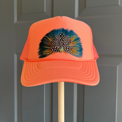 Boho feather trucker hats, handcrafted wearable art for summer fashion by Volant Style
