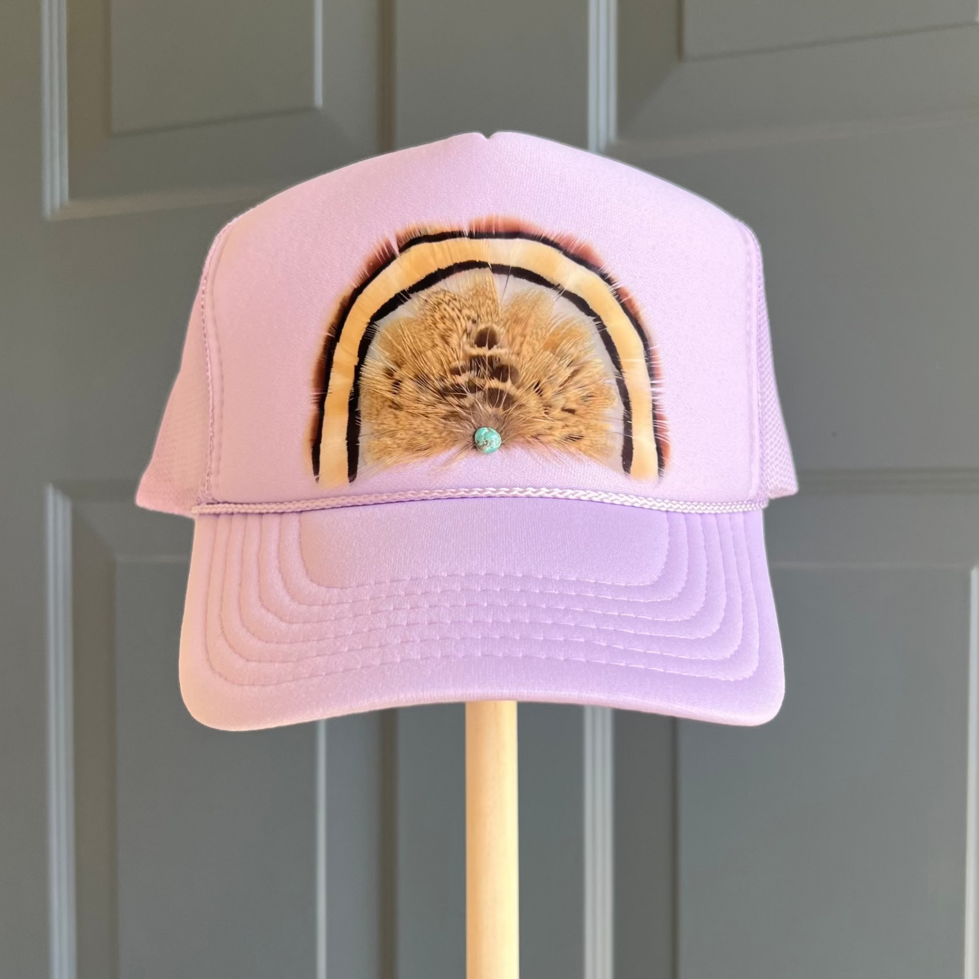 Boho feather trucker hats, handcrafted wearable art for summer fashion by Volant Style