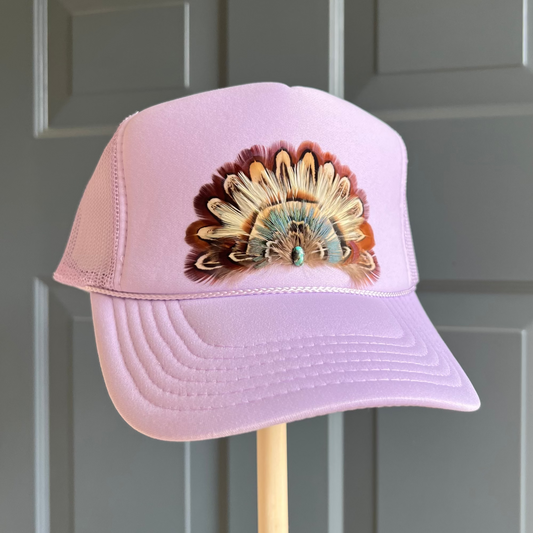 Boho feather trucker hats, handcrafted wearable art for summer fashion by Volant Style