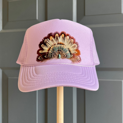 Boho feather trucker hats, handcrafted wearable art for summer fashion by Volant Style