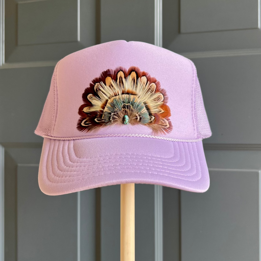 Boho feather trucker hats, handcrafted wearable art for summer fashion by Volant Style