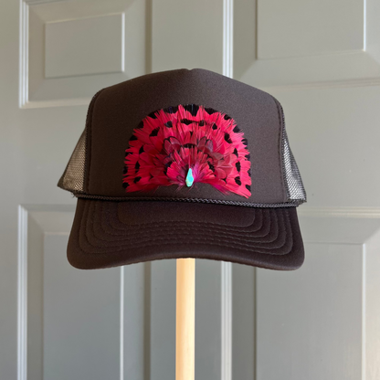 Boho feather trucker hats, handcrafted wearable art for summer fashion by Volant Style