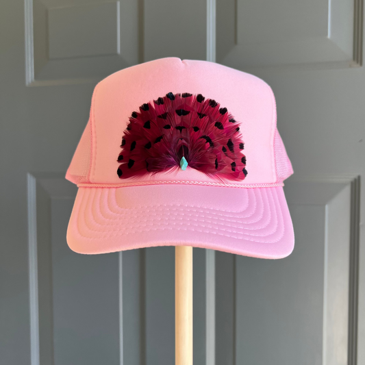 Boho feather trucker hats, handcrafted wearable art for summer fashion by Volant Style