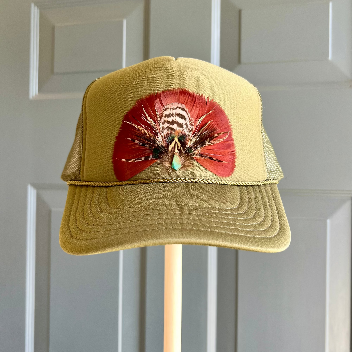 Boho feather trucker hats, handcrafted wearable art for summer fashion by Volant Style