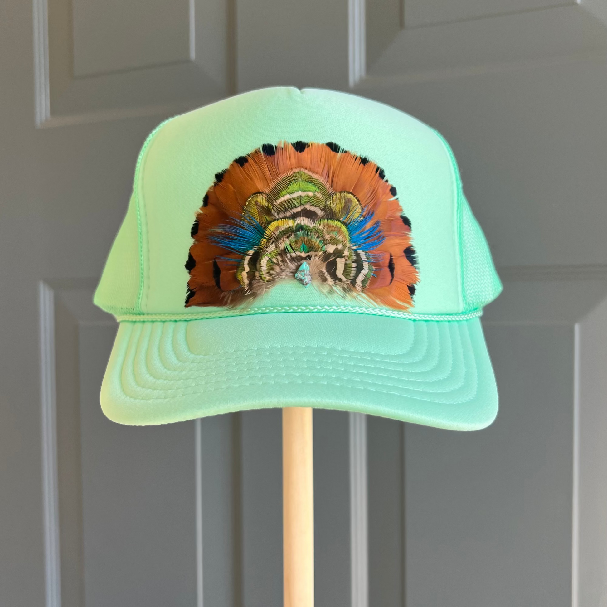 Boho feather trucker hats, handcrafted wearable art for summer fashion by Volant Style