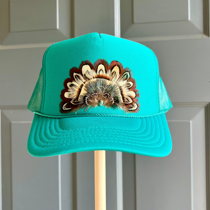 Boho feather trucker hats, handcrafted wearable art for summer fashion by Volant Style